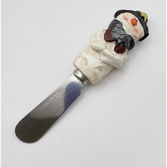 Vintage Snowman Themed Cheese Spreader With Holder Rustic Christmas Decor - Picture 4 of 10